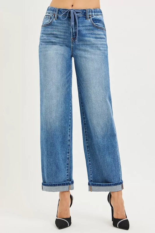 Risen Elastic Band Slouch Ankle Boyfriend Cuffed Hem Jeans in MEDIUM view 2 - Comfort Stretch - Risen Jeans Elastic Waist