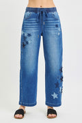 Risen Elastic Band Slouchy Cropped Barrel with Star Patch DARK (bottom) - star patch, barrel star patch - shop at us.meeeshop