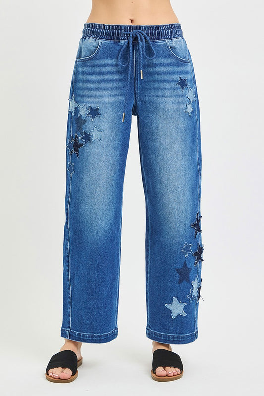 Risen Elastic Band Slouchy Cropped Barrel with Star Patch in DARK - Comfort Stretch (bottom)