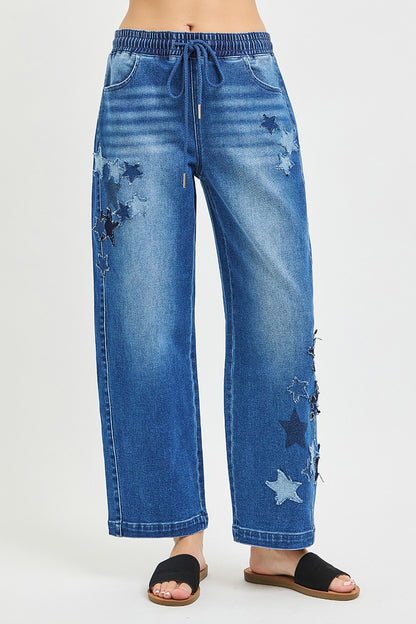 Risen Elastic Band Slouchy Cropped Barrel with Star Patch - MeeeShop Women's Fashion