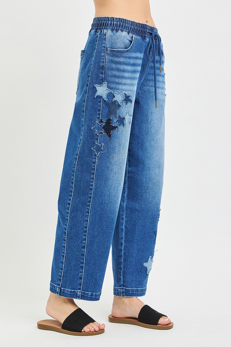 Risen Elastic Band Slouchy Cropped Barrel with Star Patch - MeeeShop Women's Fashion