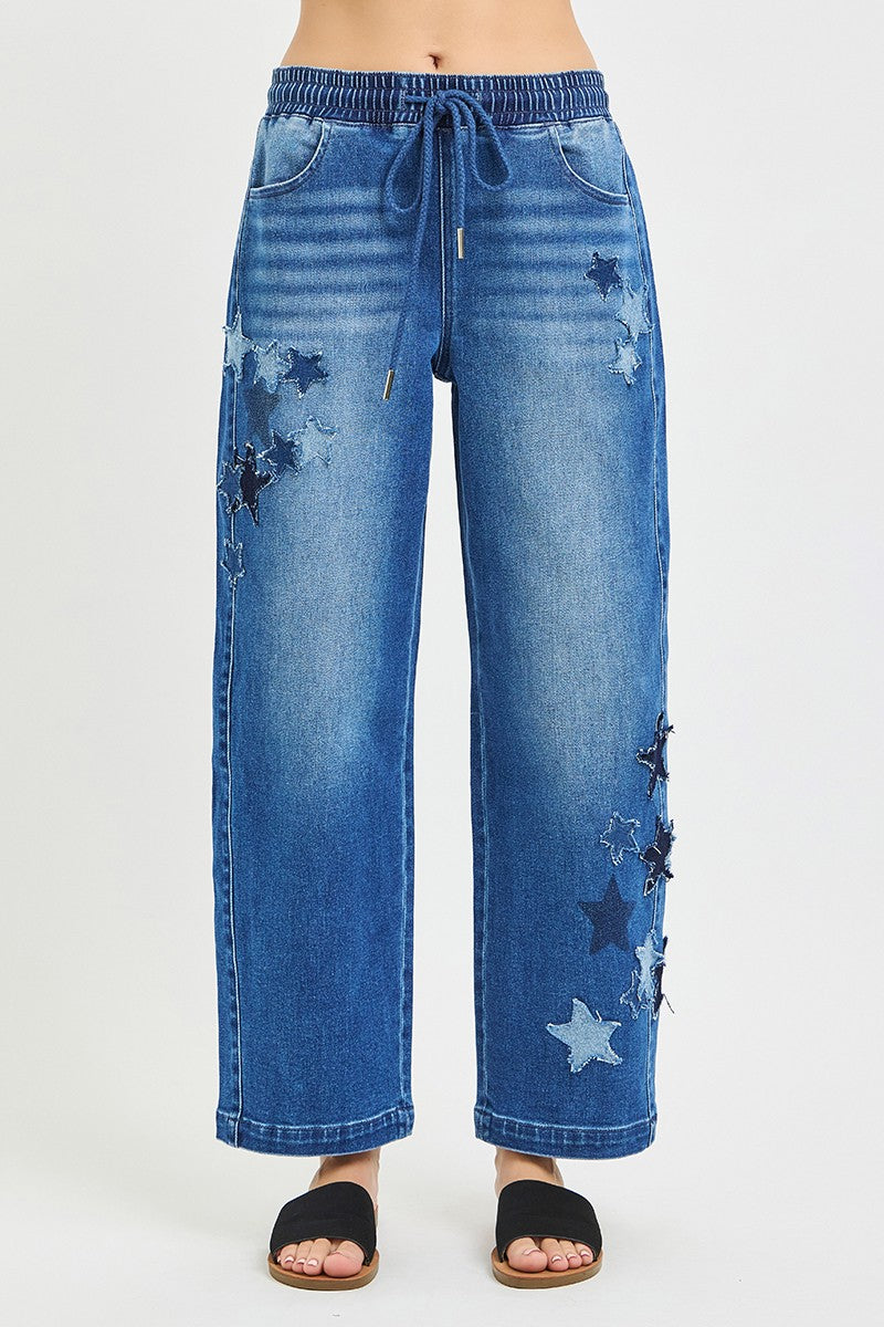 Risen Elastic Band Slouchy Cropped Barrel with Star Patch - MeeeShop Women's Fashion