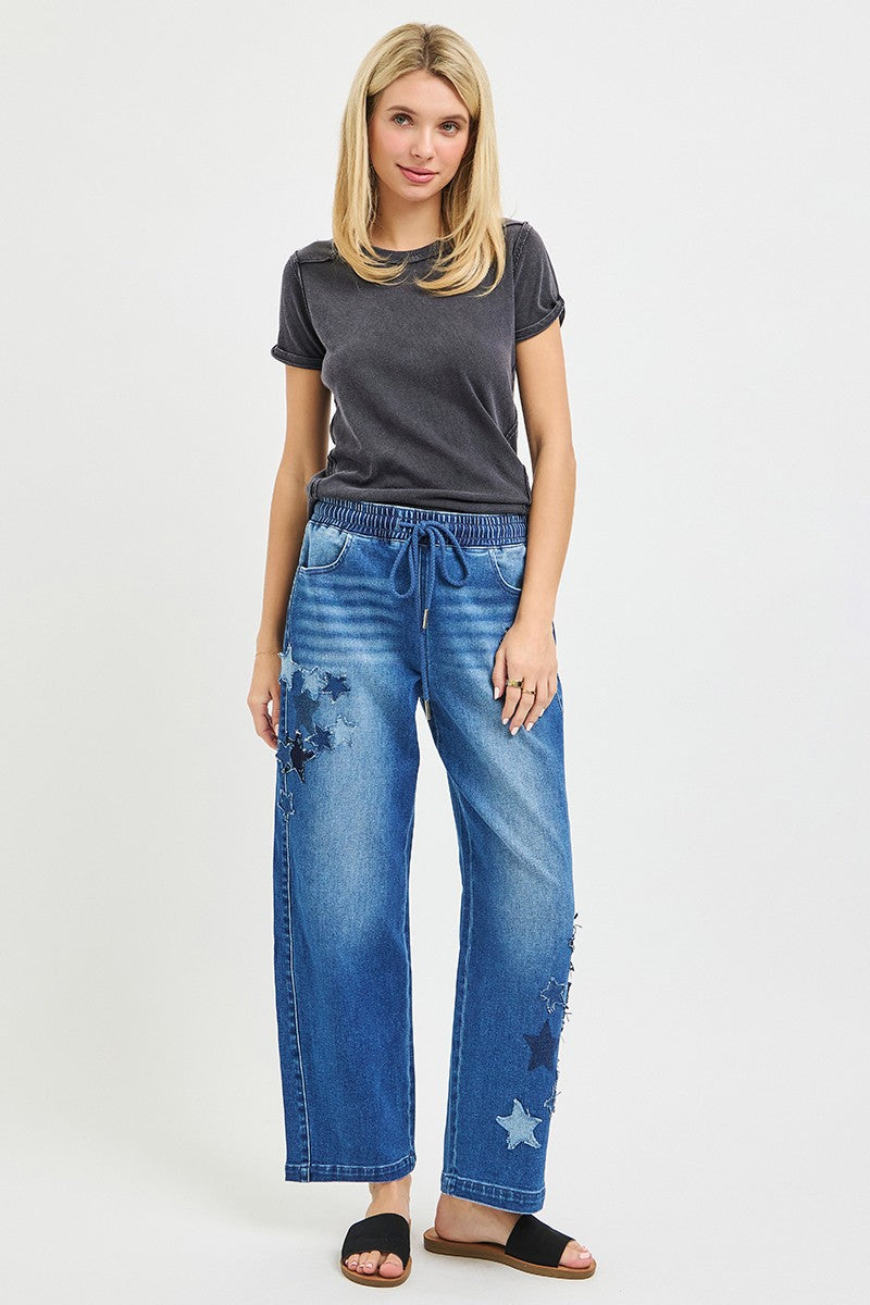 Risen Elastic Band Slouchy Cropped Barrel with Star Patch - MeeeShop Women's Fashion