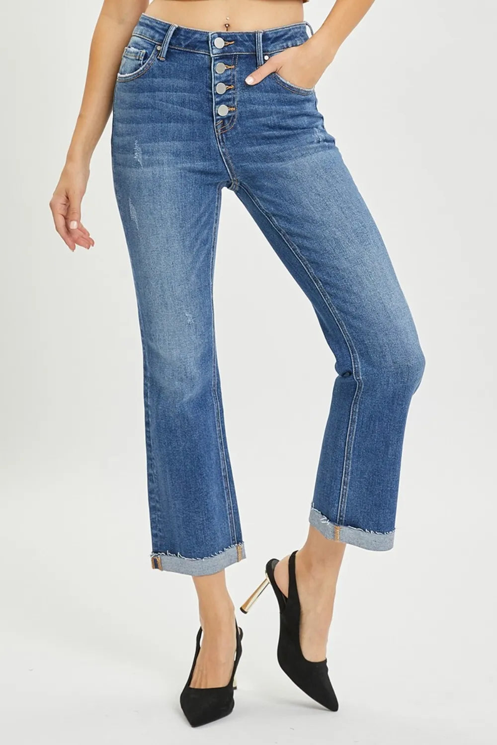 Risen Full Size Button Fly Cropped Bootcut Jeans - MeeeShop Women's Fashion