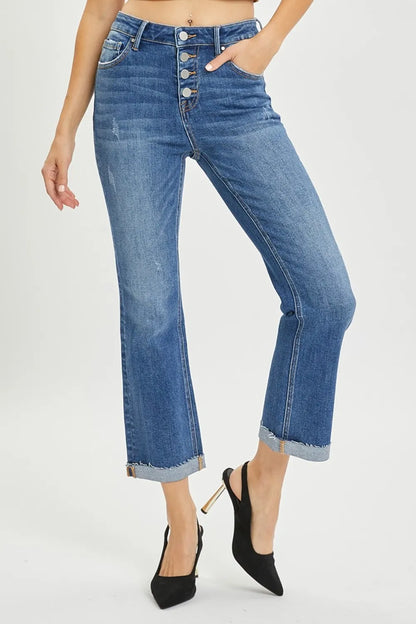 Risen Full Size Button Fly Cropped Bootcut Jeans - MeeeShop Women's Fashion