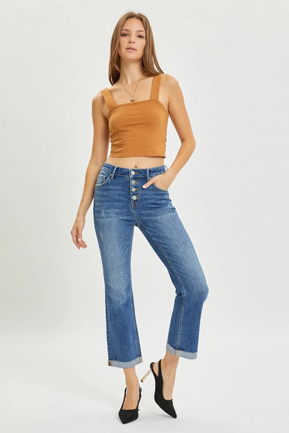Risen Full Size Button Fly Cropped Bootcut Jeans - MeeeShop Women's Fashion