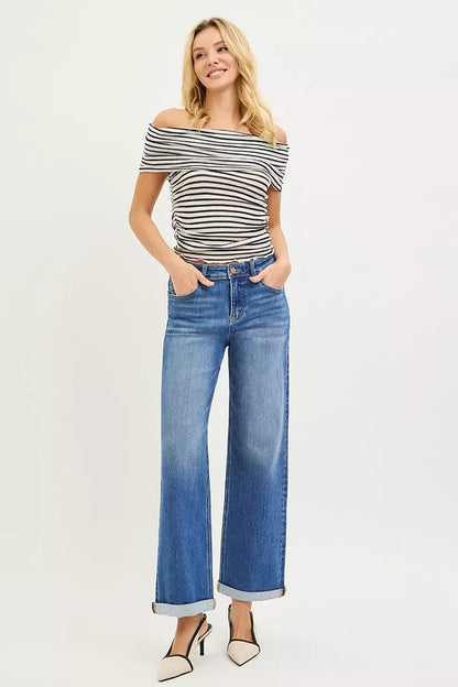 Risen Full Size High Rise Relaxed Fit Ankle Straight Cuff Jeans plus Size - MeeeShop Women's Fashion