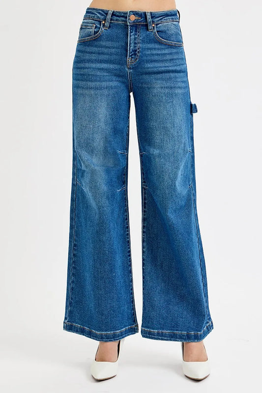 Risen Full Size High Rise Wide Leg Patch Detailed Jeans plus Size in DARK - High-Waisted - Plus Jeans (bottom)
