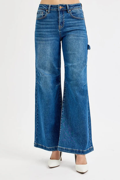 Risen Full Size High Rise Wide Leg Patch Detailed Jeans plus Size in DARK view 2 - High-Waisted - Plus Jeans (bottom)