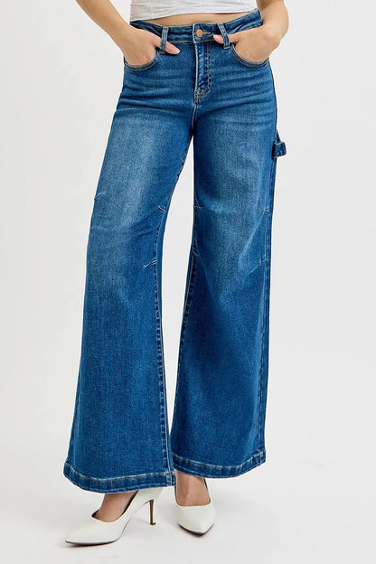 Risen Full Size High Rise Wide Leg Patch Detailed Jeans plus Size in DARK view 3 - High-Waisted - Plus Jeans (bottom)
