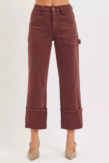 Risen Full Size High Rise Wide Straight Cuffed Patch Jeans plus Size in CHOCO BROWN - High-Waisted - Plus Jeans