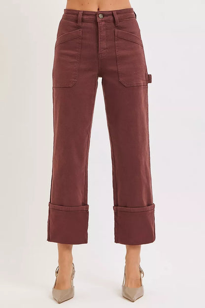 Risen Full Size High Rise Wide Straight Cuffed Patch Jeans plus Size in CHOCO BROWN - High-Waisted - Plus Jeans