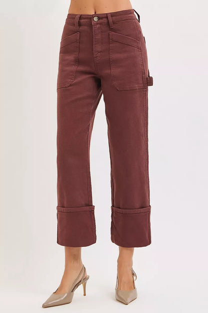 Risen Full Size High Rise Wide Straight Cuffed Patch Jeans plus Size in CHOCO BROWN view 2 - High-Waisted - Plus Jeans