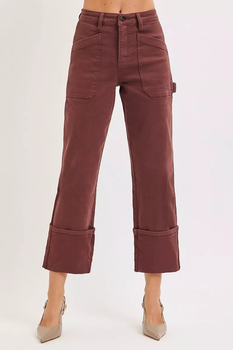 Risen Full Size High Rise Wide Straight Cuffed Patch Jeans plus Size in CHOCO BROWN view 3 - High-Waisted - Plus Jeans