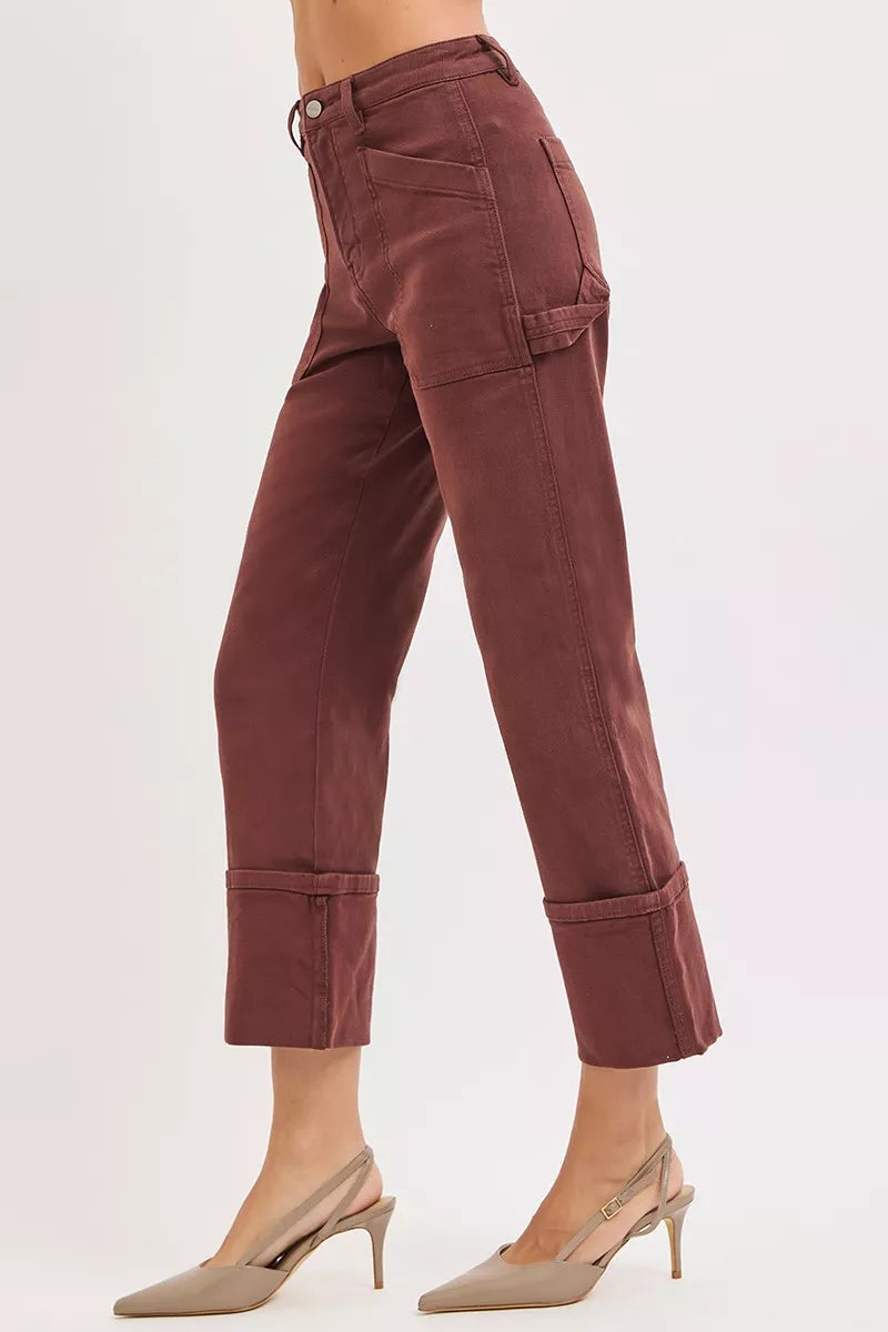 Risen Full Size High Rise Wide Straight Cuffed Patch Jeans plus Size in CHOCO BROWN view 4 - High-Waisted - Plus Jeans