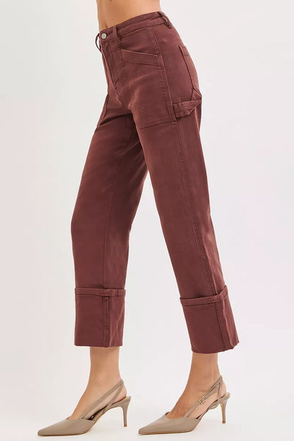 Risen Full Size High Rise Wide Straight Cuffed Patch Jeans plus Size in CHOCO BROWN view 4 - High-Waisted - Plus Jeans