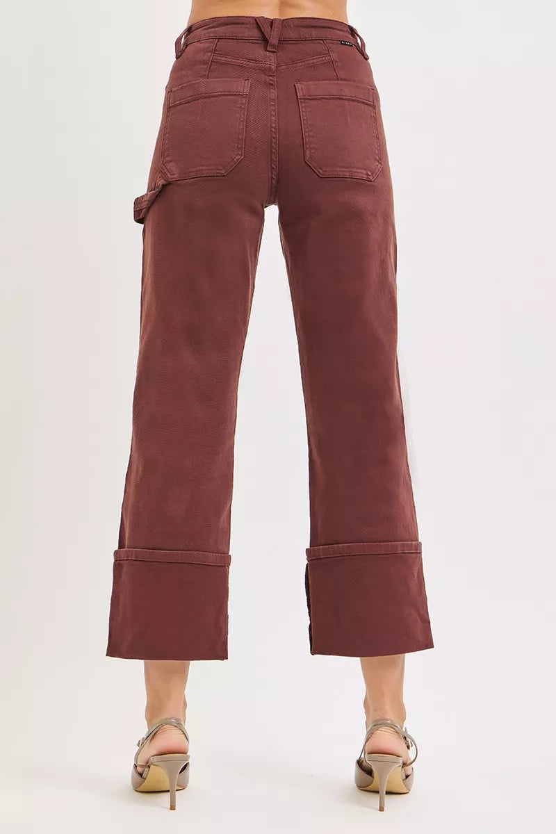 Risen Full Size High Rise Wide Straight Cuffed Patch Jeans plus Size in CHOCO BROWN view 5 - High-Waisted - Plus Jeans