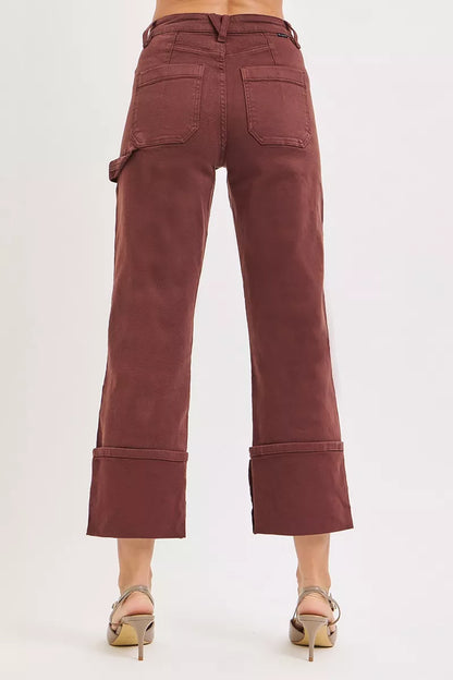 Risen Full Size High Rise Wide Straight Cuffed Patch Jeans plus Size in CHOCO BROWN view 5 - High-Waisted - Plus Jeans