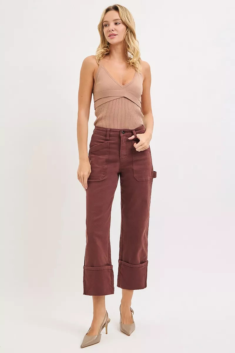 Risen Full Size High Rise Wide Straight Cuffed Patch Jeans plus Size in CHOCO BROWN view 6 - High-Waisted - Plus Jeans