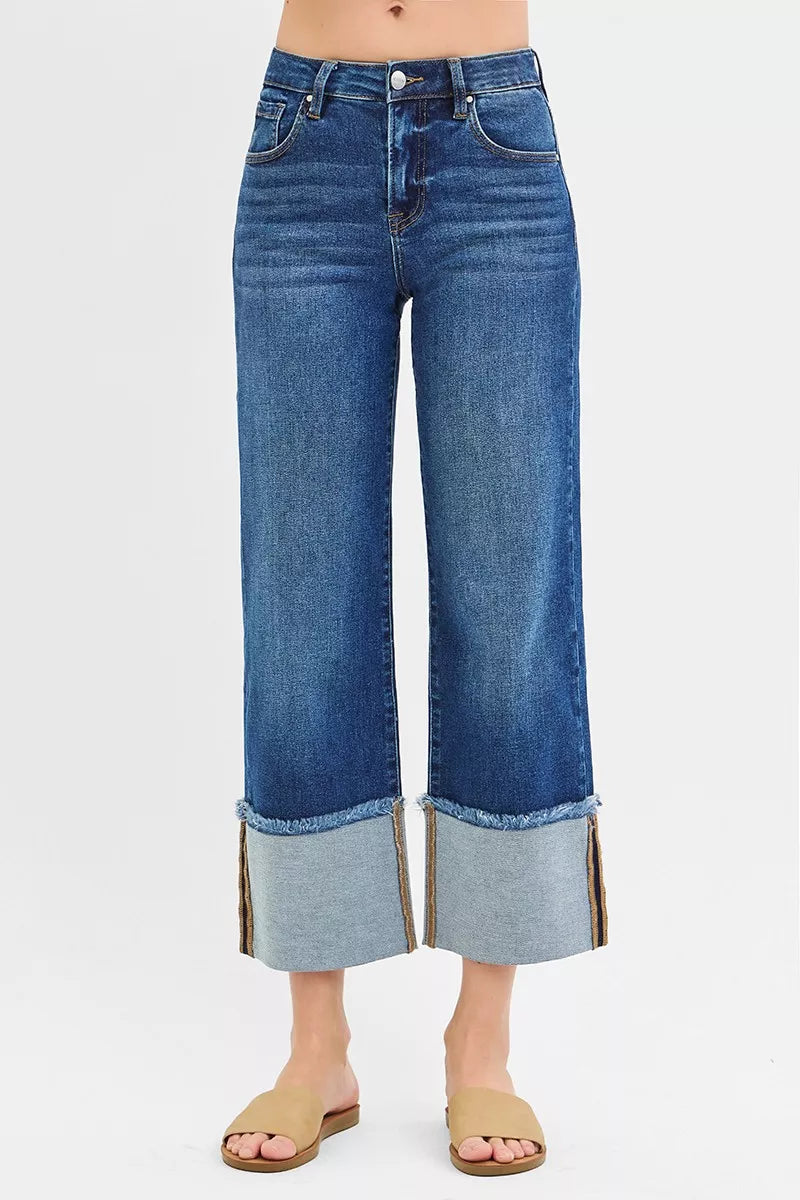 Risen Full Size Mid Rise Crop Wide Wide Cuffed Jeans plus Size in DARK - Curvy Fit - Plus Jeans (bottom)