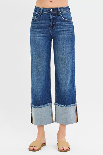 Risen Full Size Mid Rise Crop Wide Wide Cuffed Jeans plus Size in DARK - Curvy Fit - Plus Jeans (bottom)