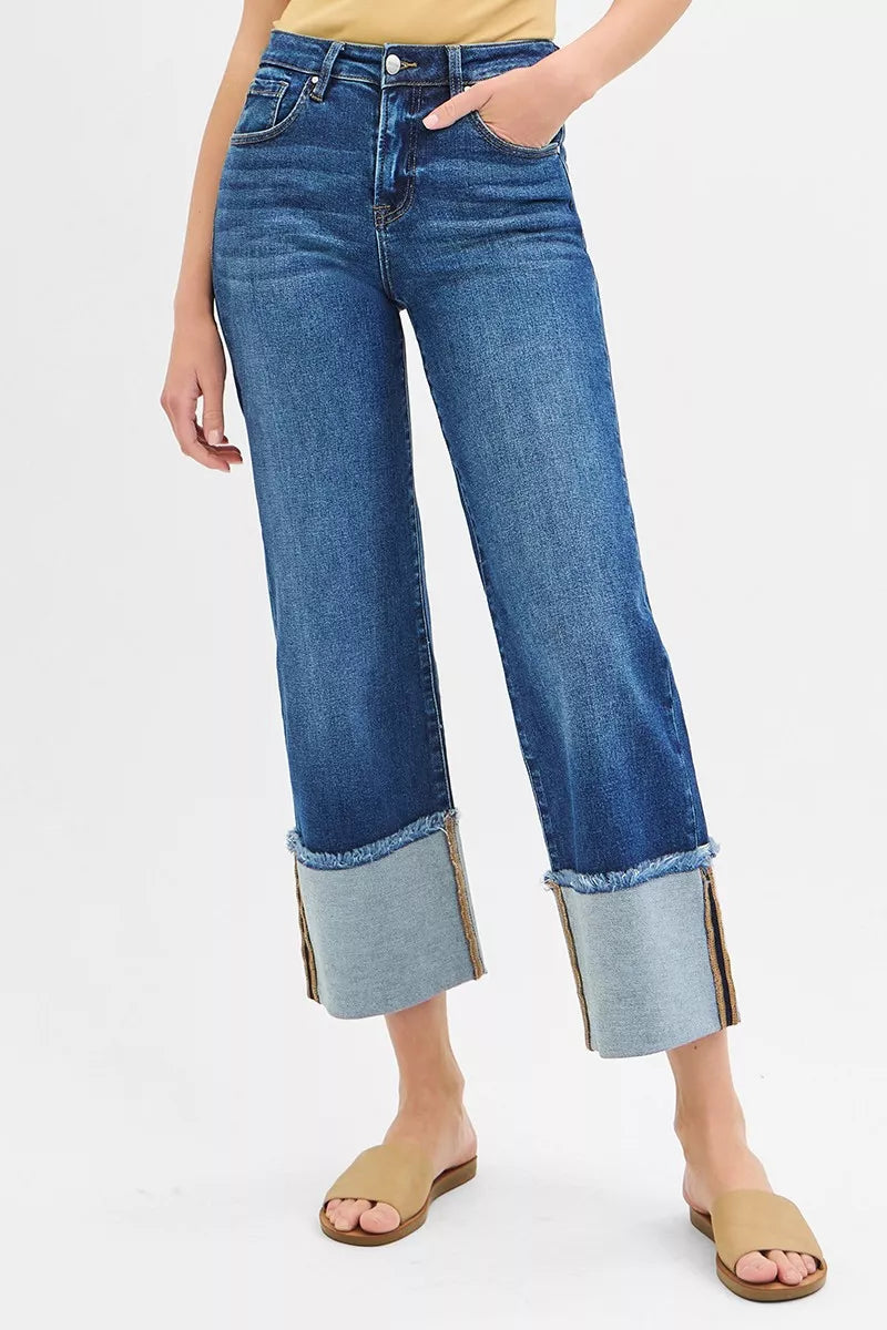 Risen Full Size Mid Rise Crop Wide Wide Cuffed Jeans plus Size in DARK view 3 - Curvy Fit - Plus Jeans (bottom)