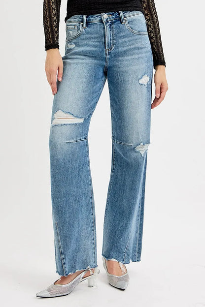 Risen Full Size Mid Rise Fit Wide Baggy Leg Tie Washed Jeans plus Size in MEDIUM - Curvy Fit - Plus Jeans (bottom)