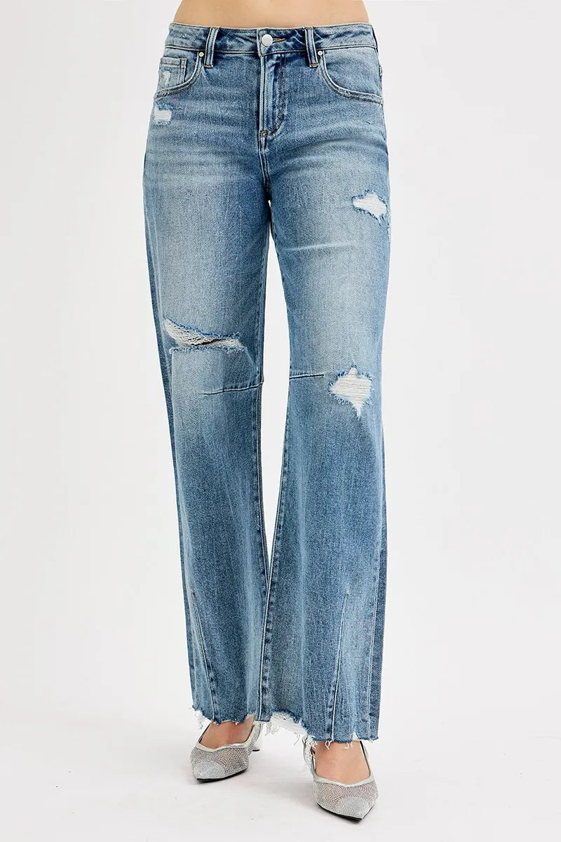 Risen Full Size Mid Rise Fit Wide Baggy Leg Tie Washed Jeans plus Size in MEDIUM view 3 - Curvy Fit - Plus Jeans