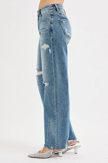 Risen Full Size Mid Rise Fit Wide Baggy Leg Tie Washed Jeans plus Size in MEDIUM view 4 - Curvy Fit - Plus Jeans