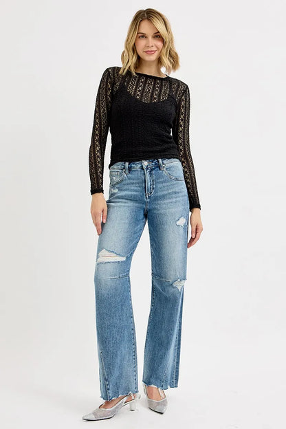 Risen Full Size Mid Rise Fit Wide Baggy Leg Tie Washed Jeans plus Size in MEDIUM view 6 - Curvy Fit - Plus Jeans