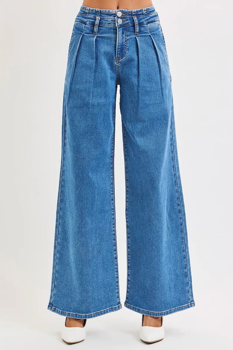 Risen Full Size Mid Rise Fit Wide Leg with Pleated Detail Jeans plus Size - MeeeShop Women's Fashion
