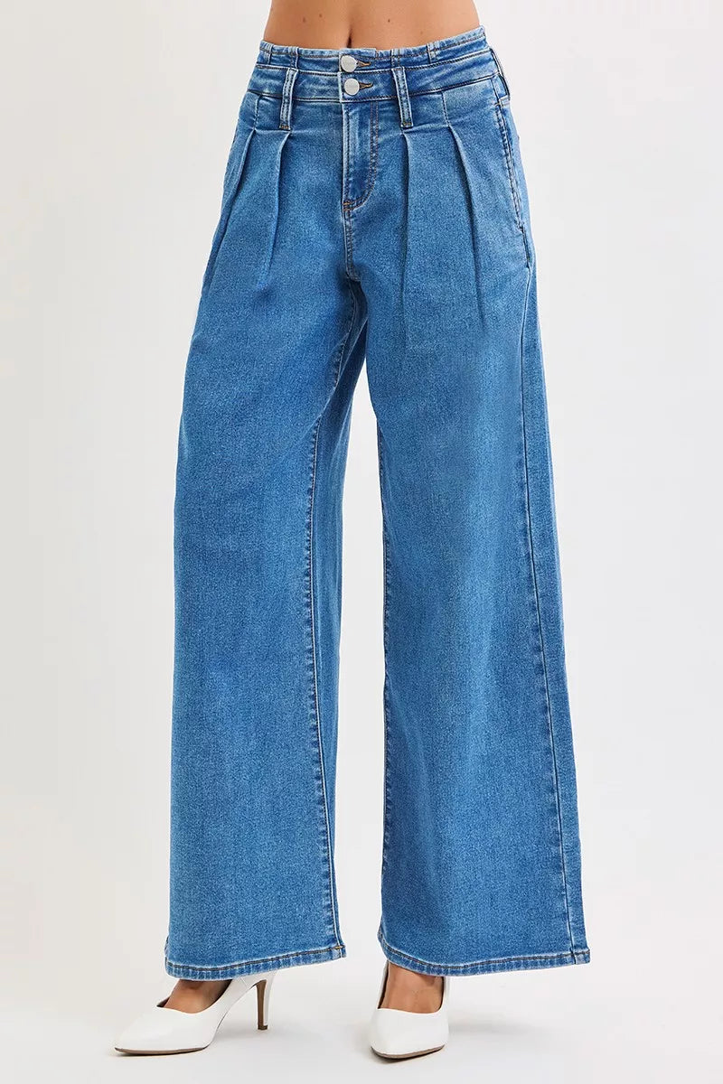 Risen Full Size Mid Rise Fit Wide Leg with Pleated Detail Jeans plus Size in MEDIUM view 2 - Curvy Fit - Plus Jeans