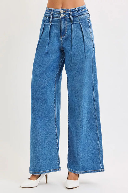 Risen Full Size Mid Rise Fit Wide Leg with Pleated Detail Jeans plus Size in MEDIUM view 2 - Curvy Fit - Plus Jeans
