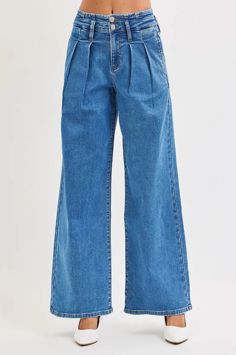 Risen Full Size Mid Rise Fit Wide Leg with Pleated Detail Jeans plus Size in MEDIUM view 3 - Curvy Fit - Plus Jeans