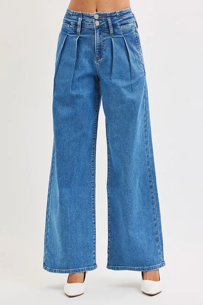 Risen Full Size Mid Rise Fit Wide Leg with Pleated Detail Jeans plus Size in MEDIUM view 3 - Curvy Fit - Plus Jeans