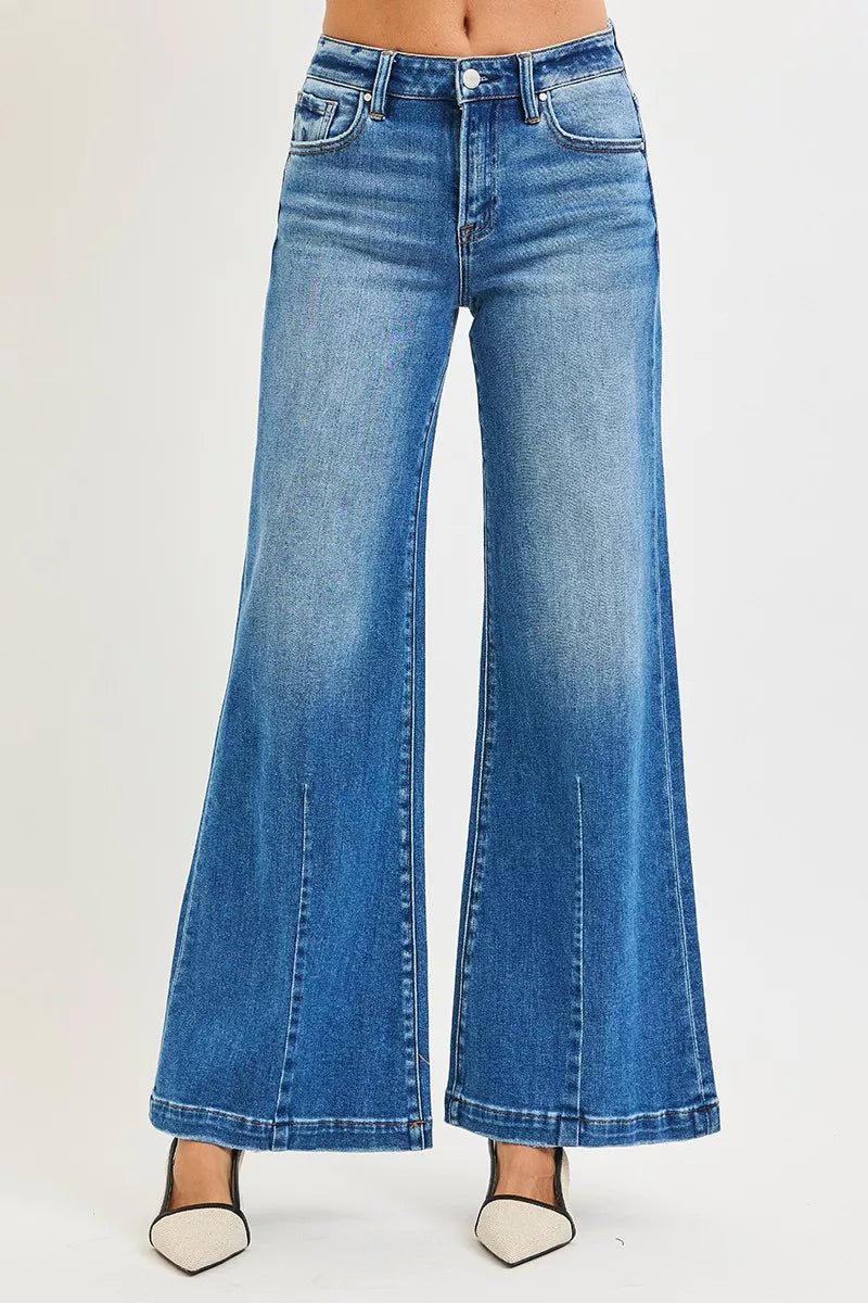 Risen Full Size Mid Rise Wide Leg Jeans with Flared Look plus Size in MEDIUM - Curvy Fit - Plus Jeans (bottom)