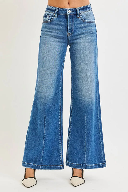 Risen Full Size Mid Rise Wide Leg Jeans with Flared Look plus Size in MEDIUM - Curvy Fit - Plus Jeans (bottom)