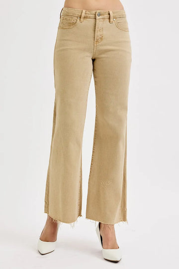 Risen Full Size Raw Hem Wide Leg Jeans plus Size in Tan - Curvy Fit - Plus Jeans (bottom)