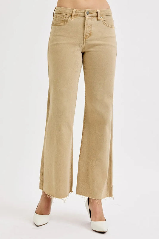 Risen Full Size Raw Hem Wide Leg Jeans plus Size in Tan - Curvy Fit - Plus Jeans (bottom)