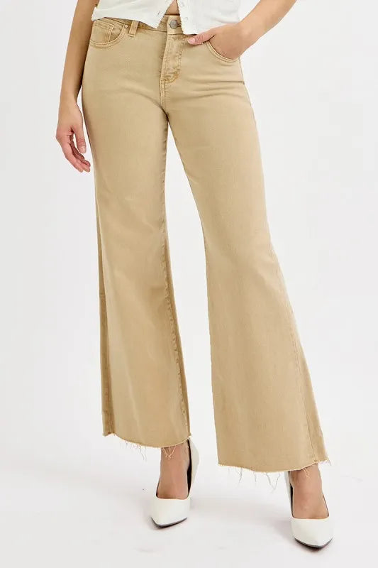 Risen Full Size Raw Hem Wide Leg Jeans plus Size in Tan view 2 - Curvy Fit - Plus Jeans (bottom)