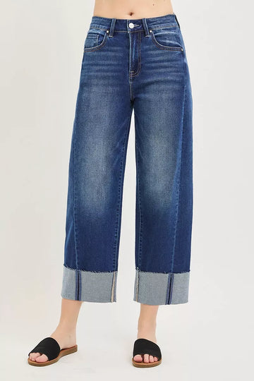 Risen Full Size Slouchy Crop Barrel Cuffed Jeans plus Size in DARK - Curvy Fit - Plus Jeans (bottom)