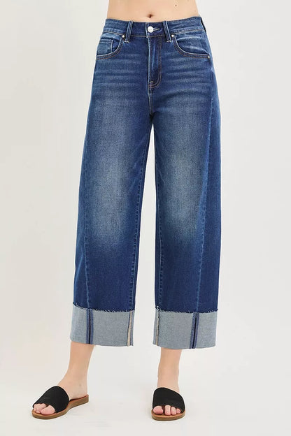 Risen Full Size Slouchy Crop Barrel Cuffed Jeans plus Size in DARK - Curvy Fit - Plus Jeans (bottom)