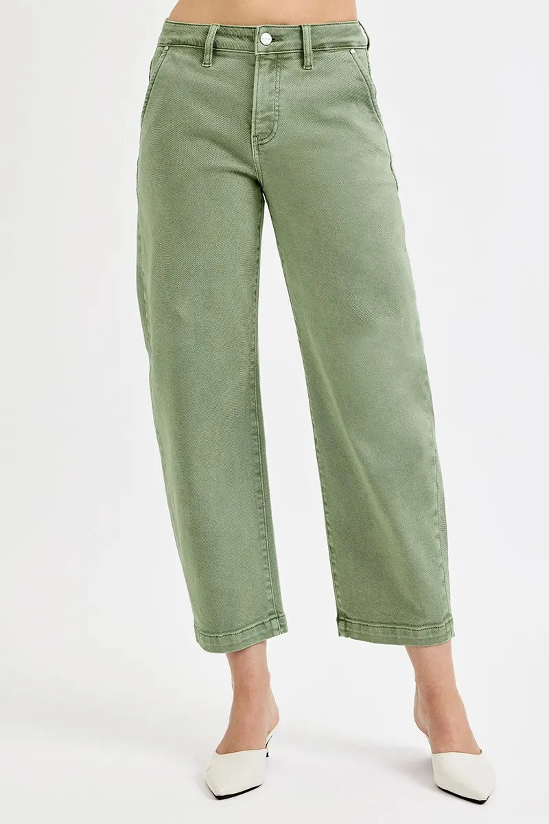 Risen Full Size Tummy Control High Rise Crop Barrel Jeans plus Size in OLIVE - High-Waisted - Plus Jeans (bottom)
