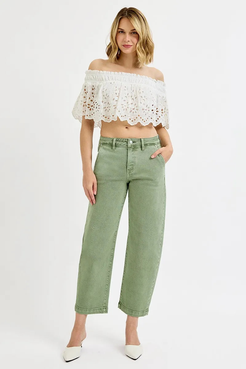 Risen Full Size Tummy Control High Rise Crop Barrel Jeans plus Size in OLIVE view 2 - High-Waisted - Plus Jeans