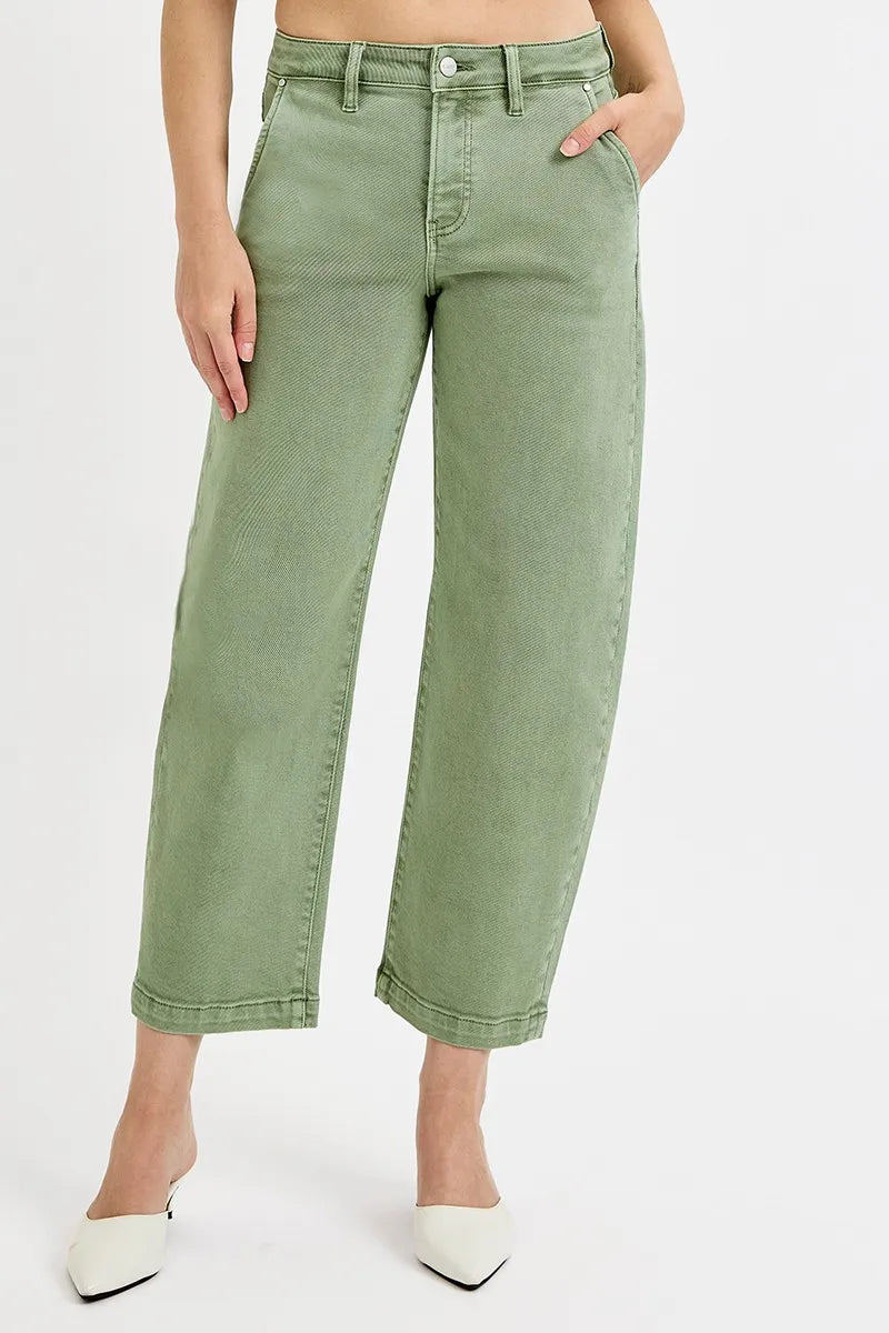 Risen Full Size Tummy Control High Rise Crop Barrel Jeans plus Size in OLIVE view 3 - High-Waisted - Plus Jeans
