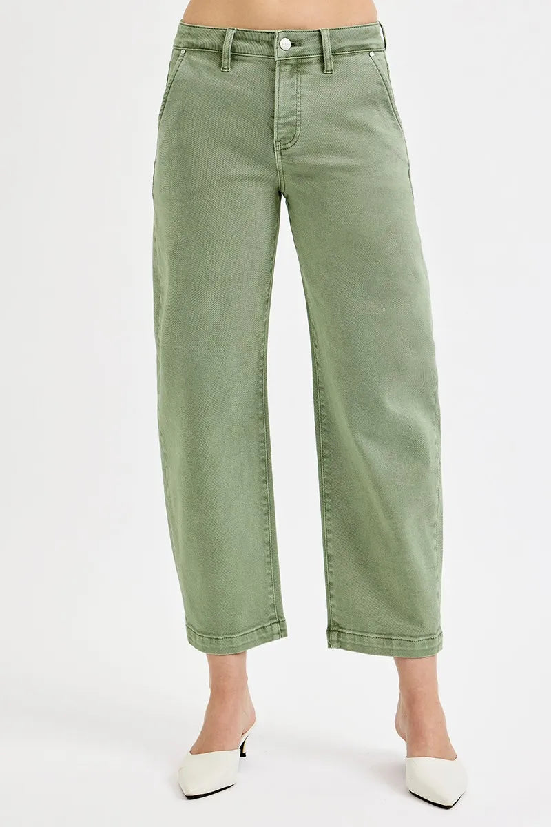 Risen Full Size Tummy Control High Rise Crop Barrel Jeans plus Size in OLIVE view 4 - High-Waisted - Plus Jeans