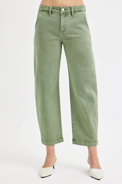 Risen Full Size Tummy Control High Rise Crop Barrel Jeans plus Size in OLIVE view 4 - High-Waisted - Plus Jeans