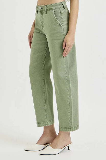 Risen Full Size Tummy Control High Rise Crop Barrel Jeans plus Size in OLIVE view 5 - High-Waisted - Plus Jeans