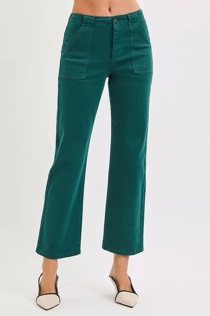 Risen High Rise Ankle Flare Patch Pocket Jeans in HUNTER GREEN - High-Waisted - Rise High Jeans (bottom)