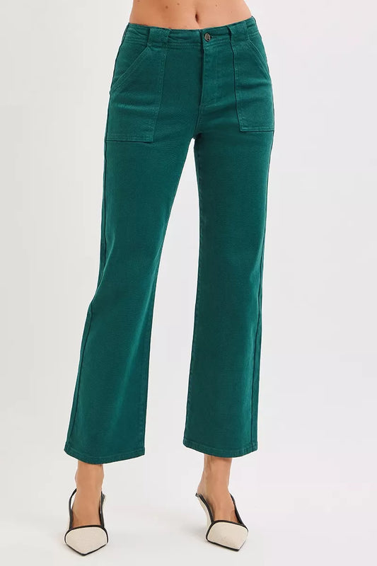 Risen High Rise Ankle Flare Patch Pocket Jeans in HUNTER GREEN - High-Waisted - Rise High Jeans (bottom)